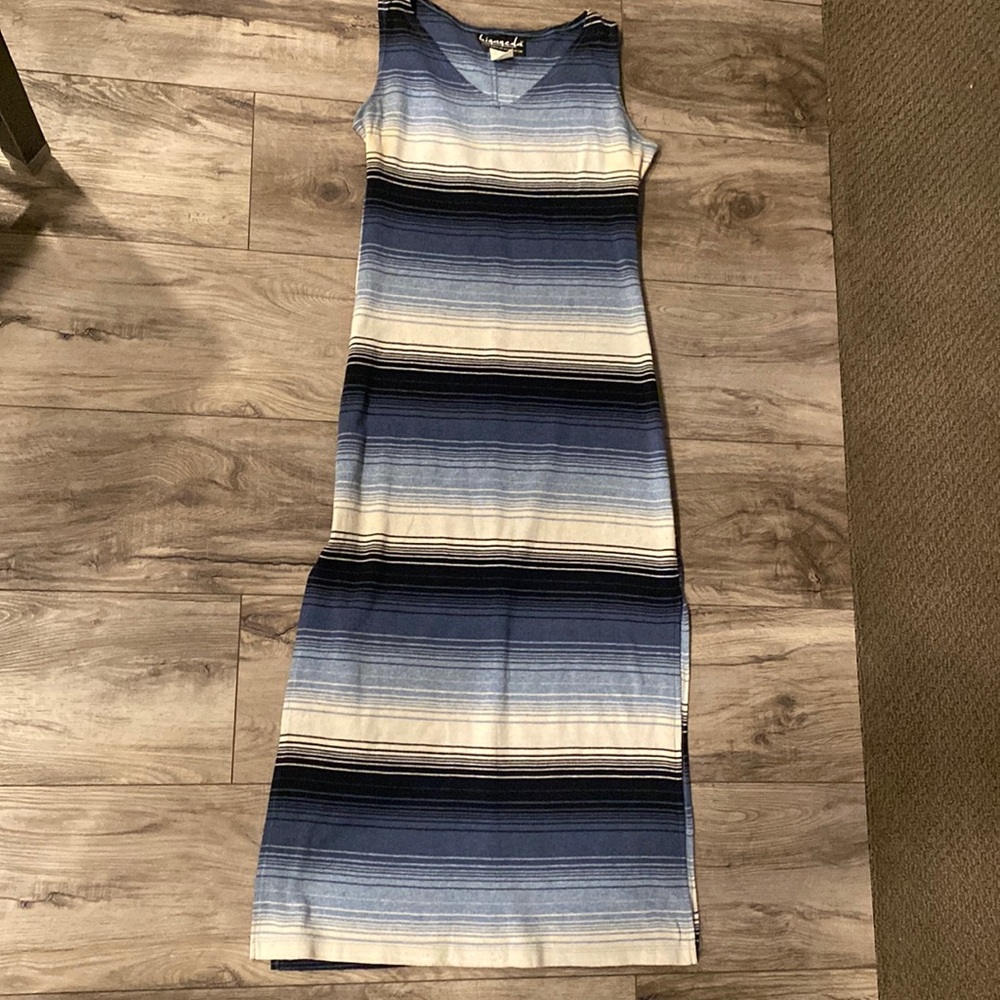 Blue hues and white striped long dress
